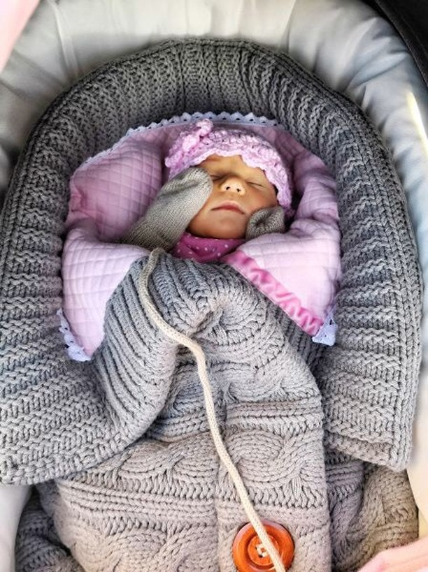 Fusssack Strick grau pink Frühling- Sommmer