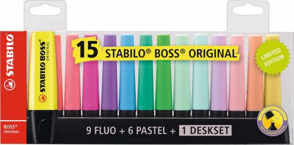 STABILO Boss Original - Textmarker 15er Tischset - 9 Leuchtfarben, 6 Pastellfarben