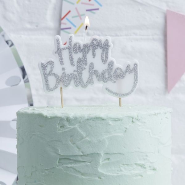 Ginger Ray - Kuchen- Kerze Glitzer "Happy Birthday" Silber