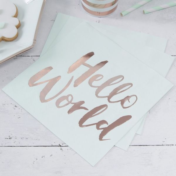 Ginger Ray - Servietten &quot;Hello World&quot; Mint &amp; Rosegold